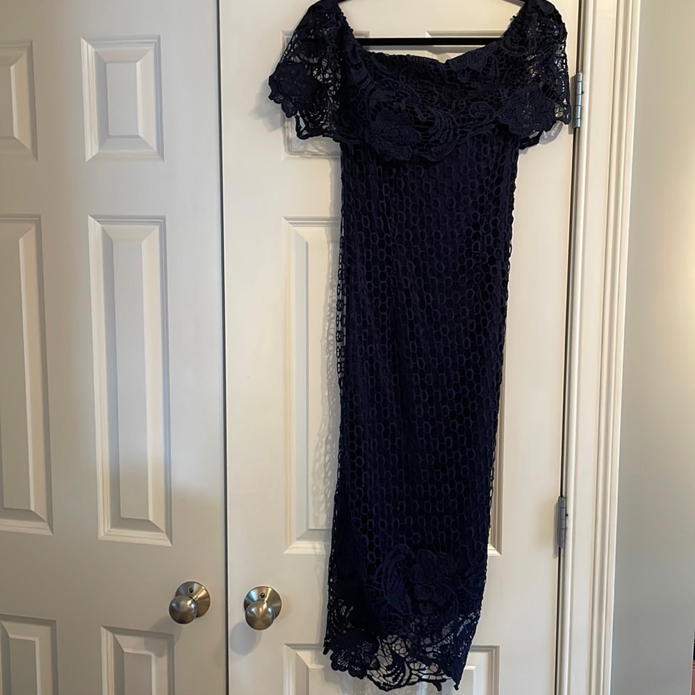 Boohoo off the shoulder midi lace dress